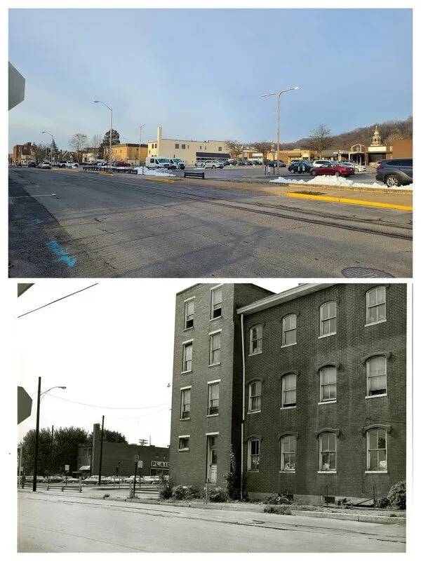 Water Street from Dorcas to Brown Streets in 2024 and about 1968, with the former Davis Hotel and Plaidland Stamp Store