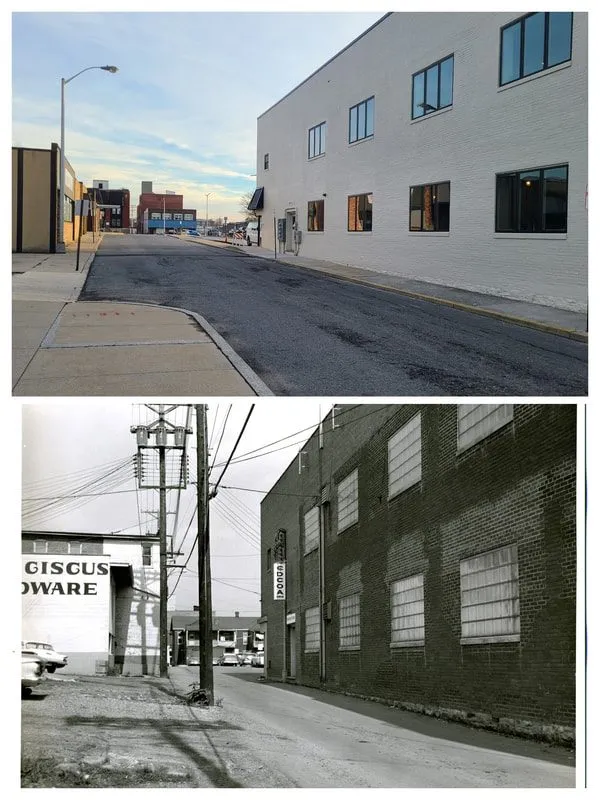 South Plaza Drive in 2024, and the alley between South Brown and South Dorcas Streets about 1968, with the Franciscus Hardware and EDCOA signs