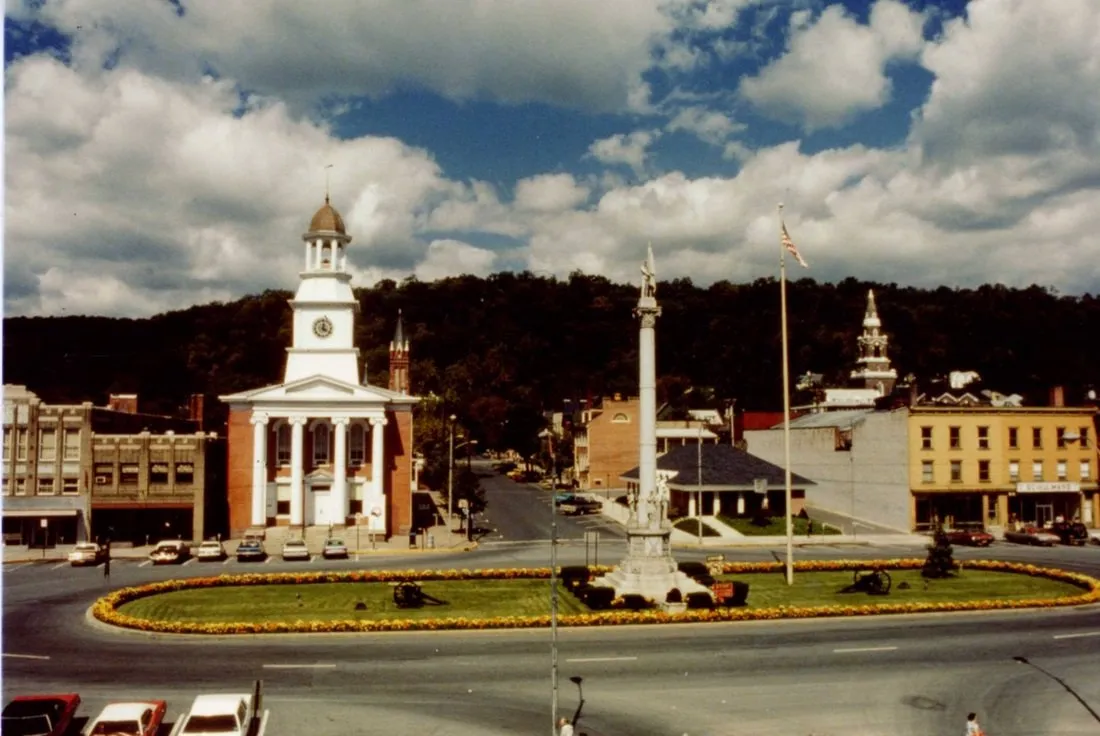 The courthouse and monument from above